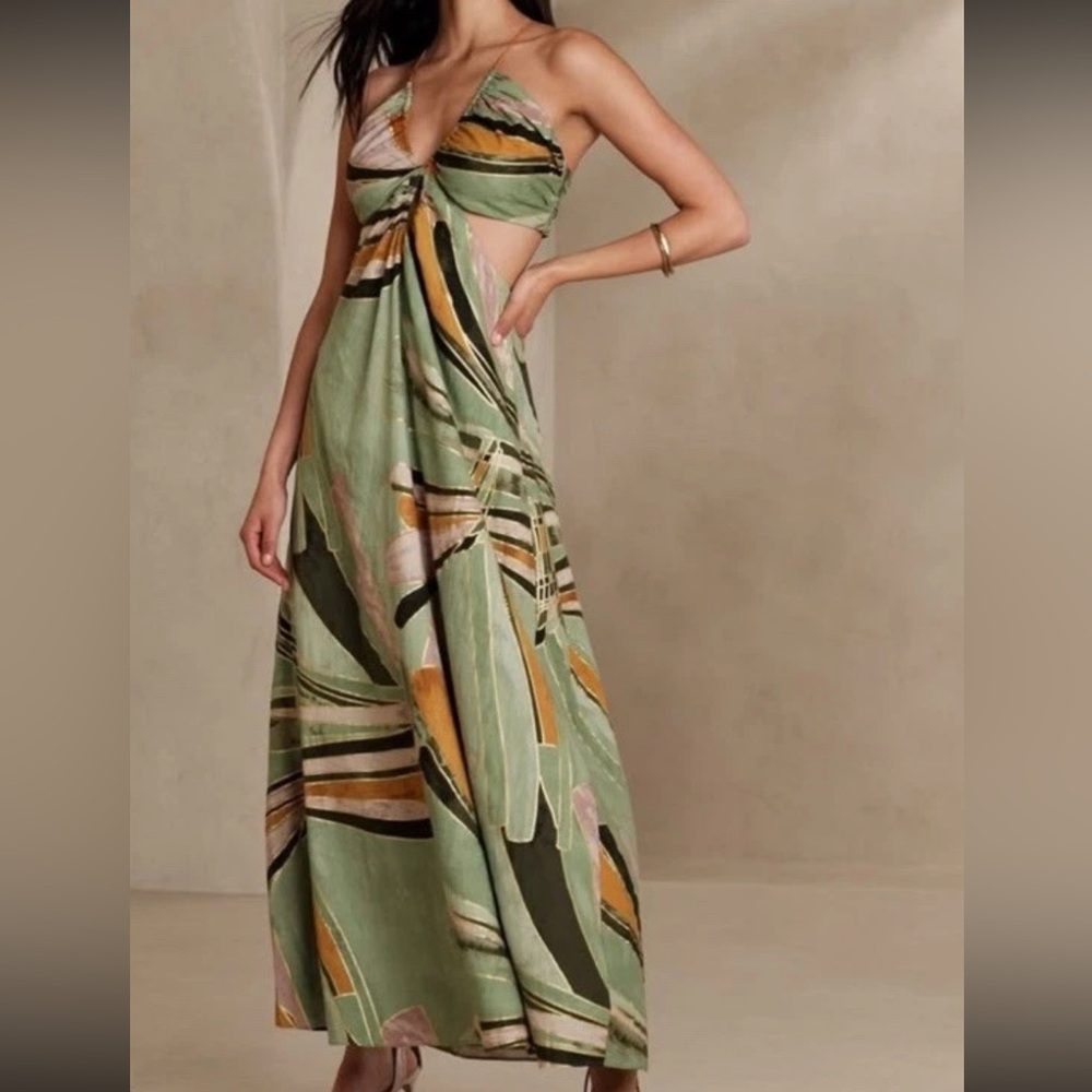 Banana Republic Manon Linen Blend Printed Maxi Cutout Dress Size 4